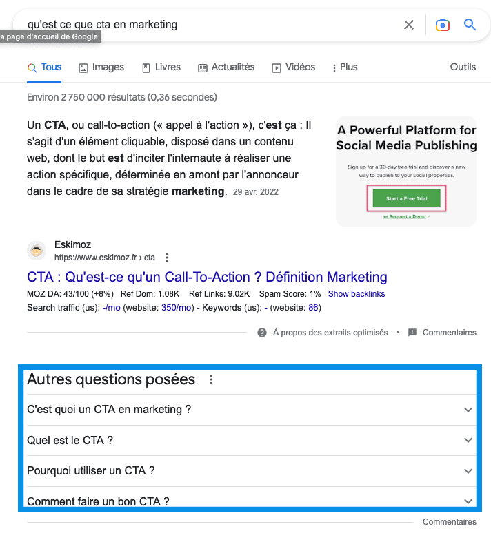 Un résultat Google mettant en évidence la section "les gens demandent aussi".