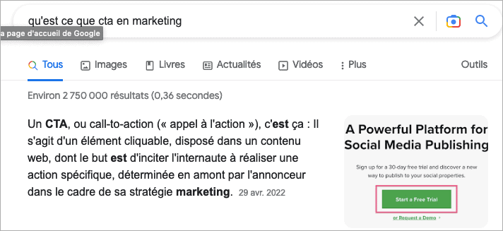 Un extrait présenté sur Google à propos d'un CTA en marketing.