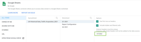 Connecter Spredsheets Data Studio 