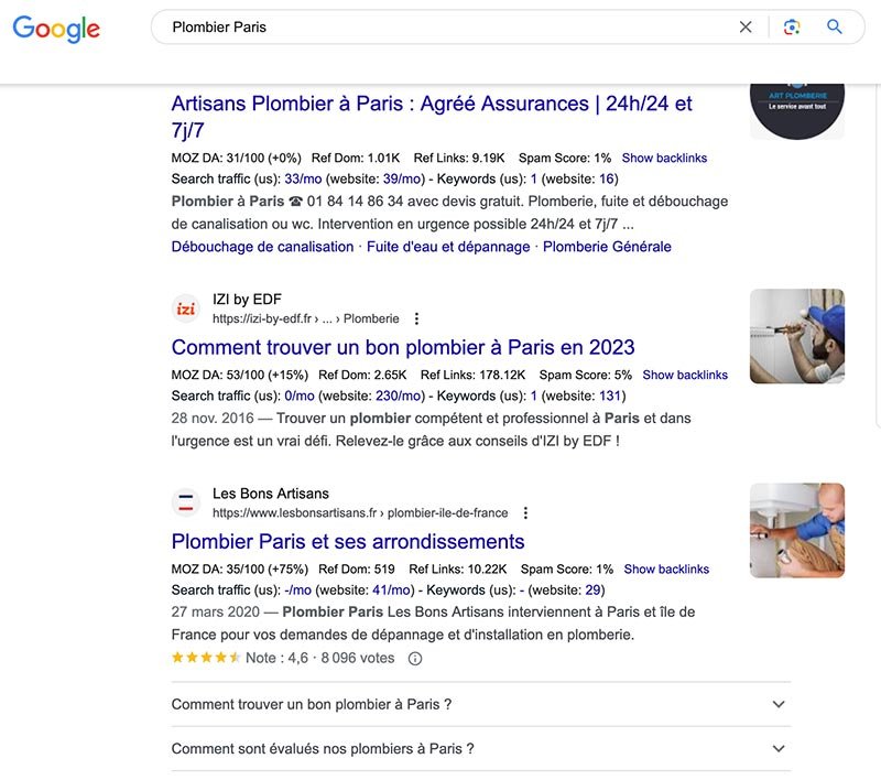 intention de recherche. exemple avec plombier paris