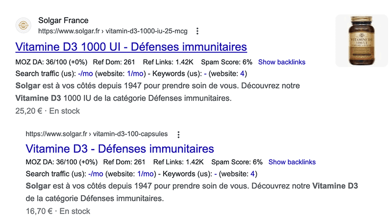 Résultat de la SERP pour les produits en dehors de la partie shopping de google