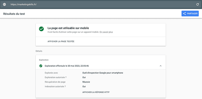 Test page sur mobile via l'outil Google