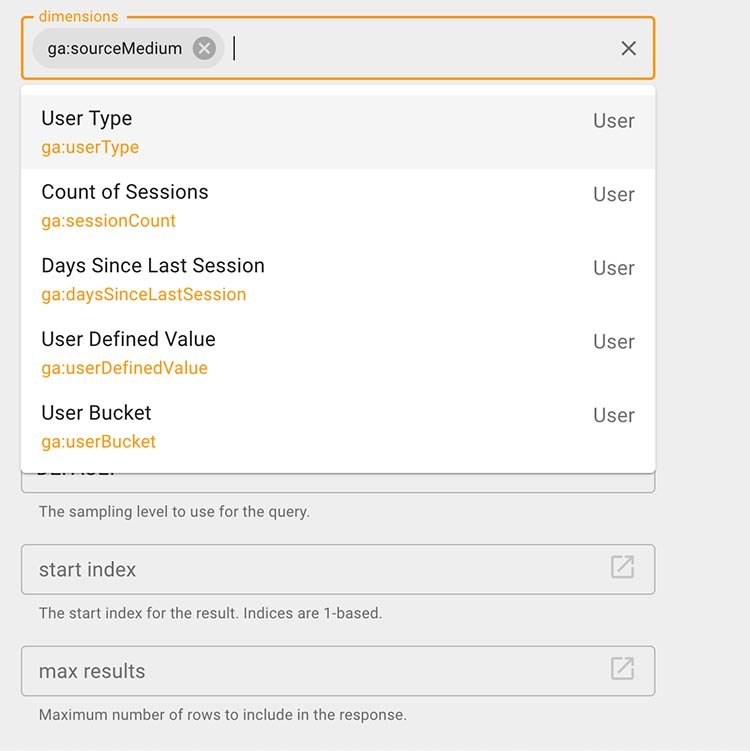 Exemple UA Historical Data_Query Explorer_Dimensions