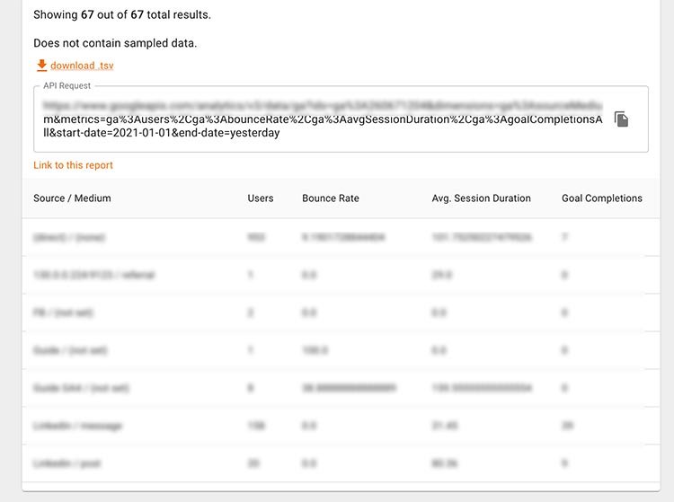 GA Query Explorer_Data download exampleCapture d'écran de UA Query Explorer, avril 2022